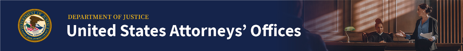 Seal of United States Attorney's Offices and image of female prosecutor presenting before a judge.
